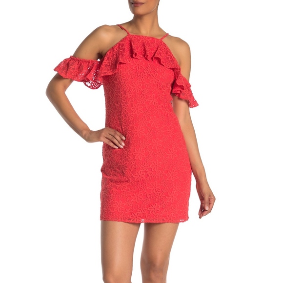 Trina Turk Lady Bug Roseville Ruffle Cold Shoulder Knit Lace Mini Dress Small - Picture 1 of 8